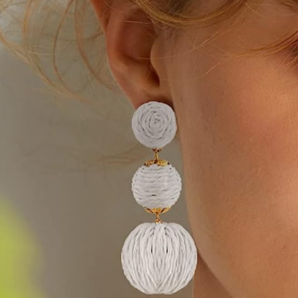 Chunky White Rattan Earrings Wicker Bold Statement Wicker Dangle 80s 90s New - Picture 3 of 6